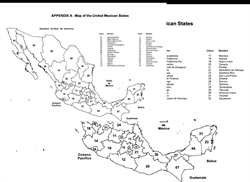 [ai] A black and white map of Mexico, showing its states and major geographical features. The map includes numbered labels for each state and is accompanied by a key with the names of the states listed.